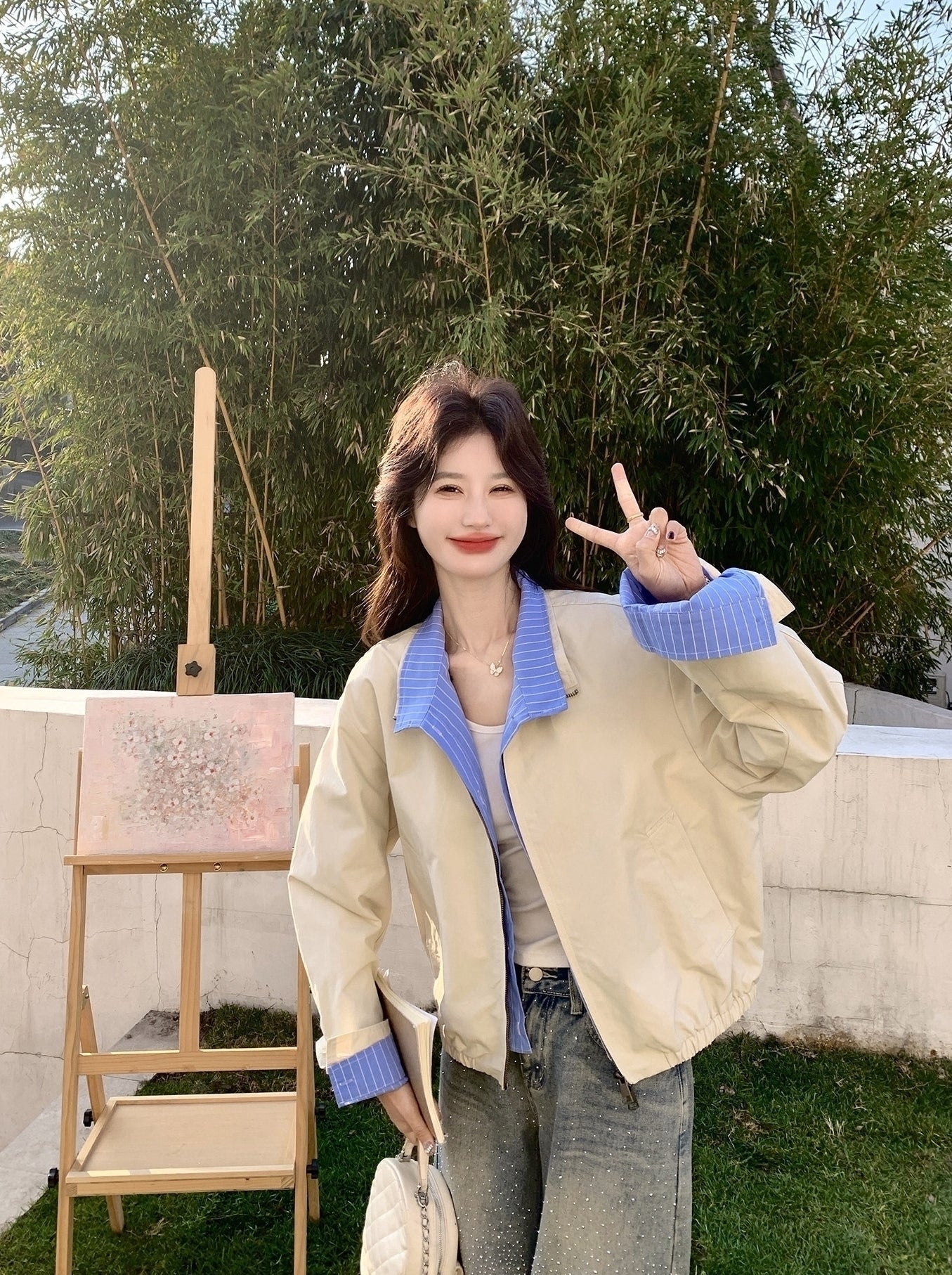 Colorblock Striped Layered Collared Short Jacket