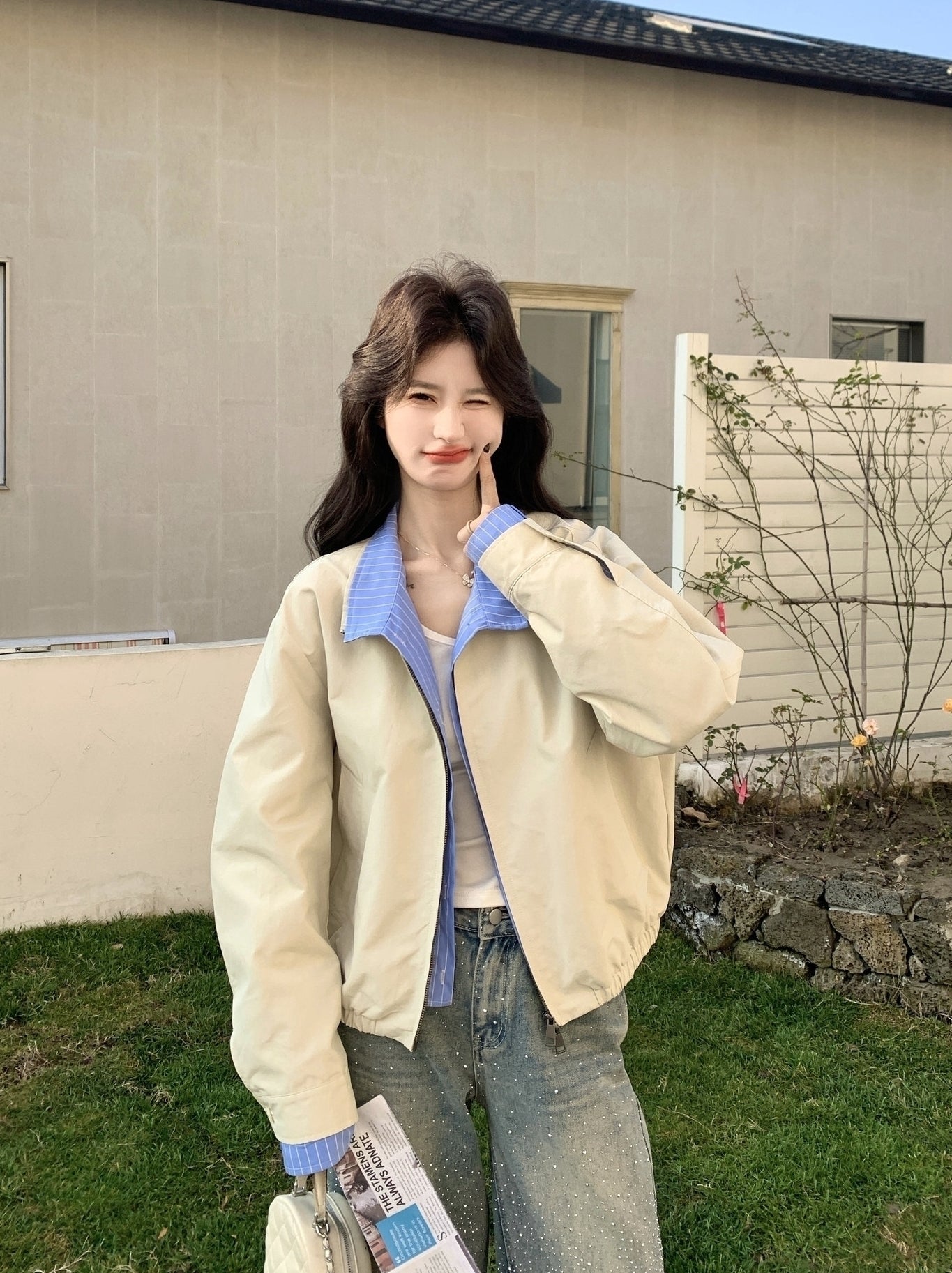 Colorblock Striped Layered Collared Short Jacket