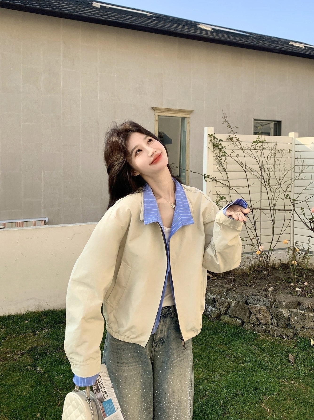 Colorblock Striped Layered Collared Short Jacket