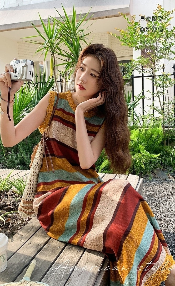 Colorblock Striped Tassel Vacation Maxi Dress