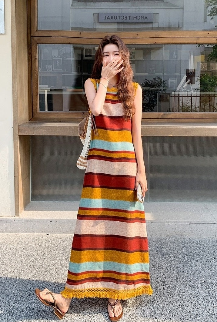 Colorblock Striped Tassel Vacation Maxi Dress