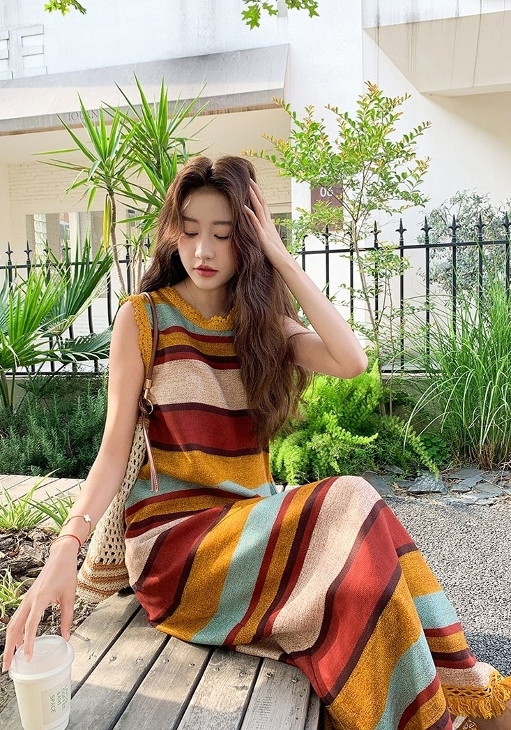 Colorblock Striped Tassel Vacation Maxi Dress