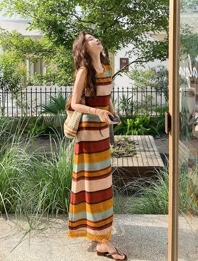 Colorblock Striped Tassel Vacation Maxi Dress