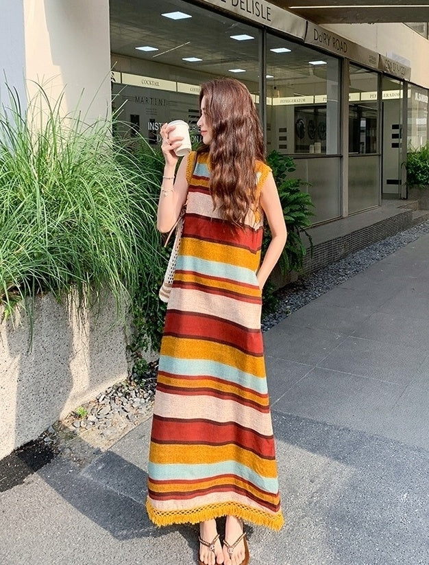 Colorblock Striped Tassel Vacation Maxi Dress