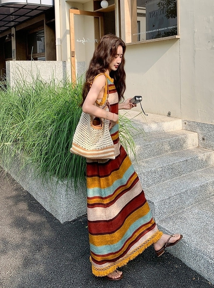 Colorblock Striped Tassel Vacation Maxi Dress
