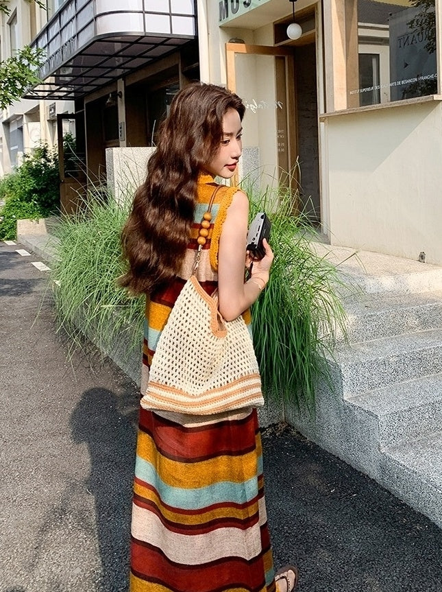 Colorblock Striped Tassel Vacation Maxi Dress