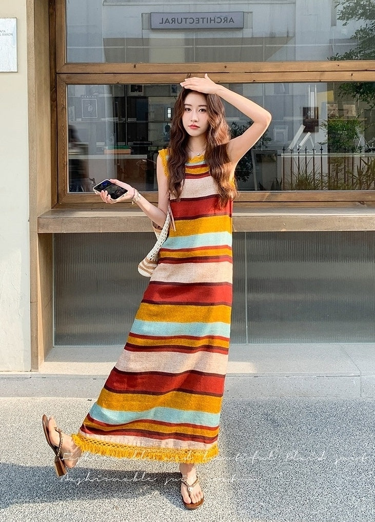 Colorblock Striped Tassel Vacation Maxi Dress