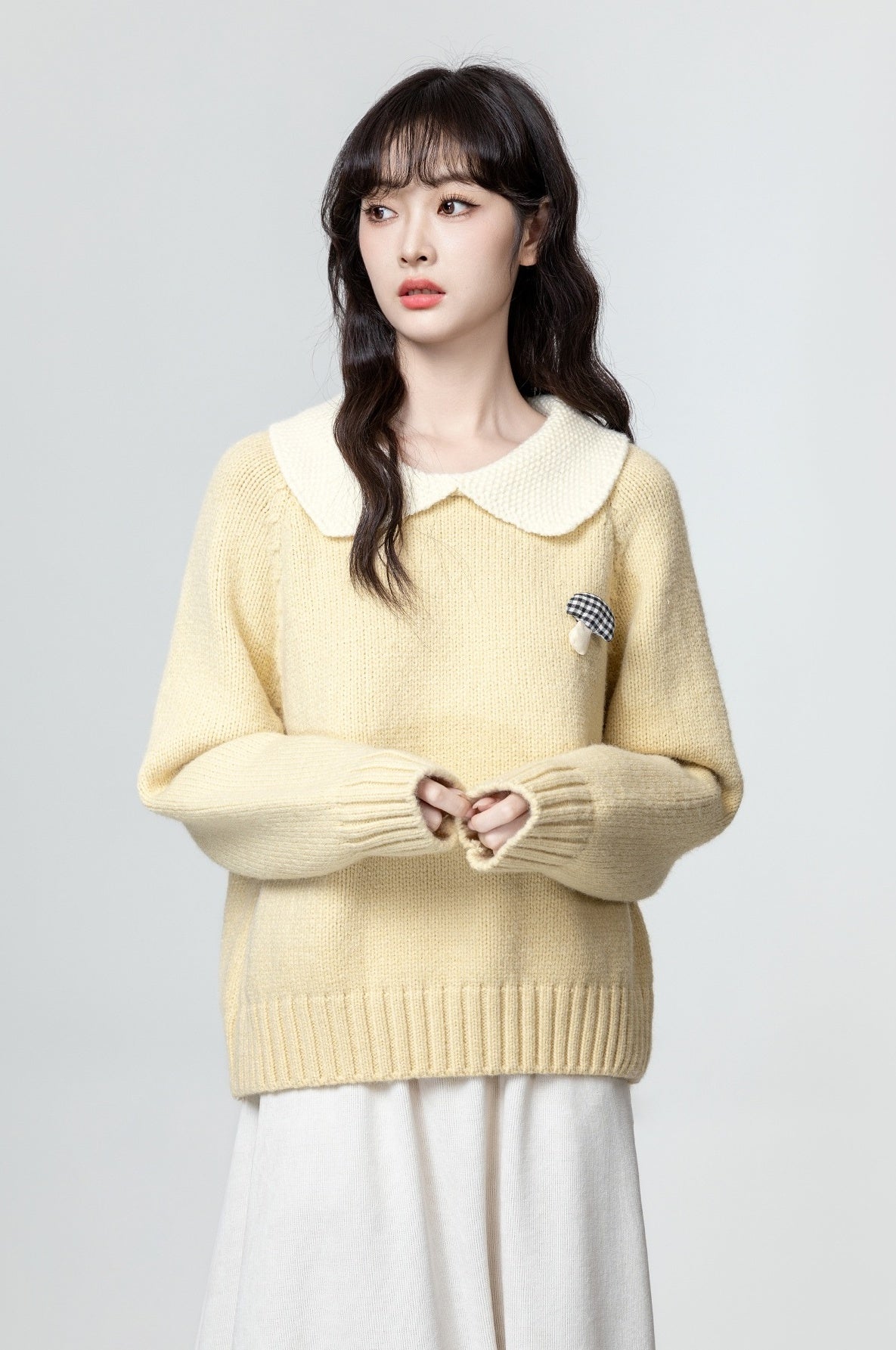 Yellow Doll Collar Thick Sweater Wth 3D Mushroom