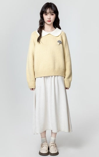 Yellow Doll Collar Thick Sweater Wth 3D Mushroom