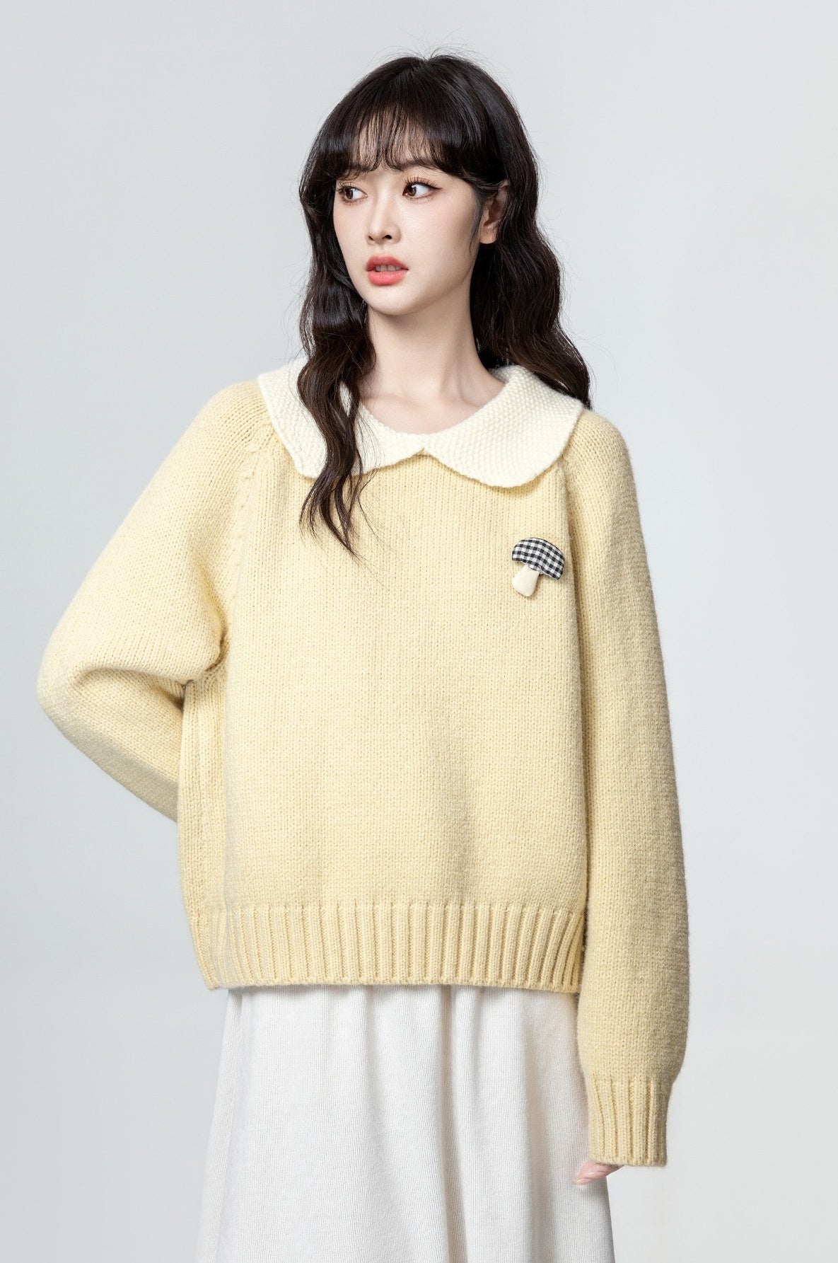 Yellow Doll Collar Thick Sweater Wth 3D Mushroom