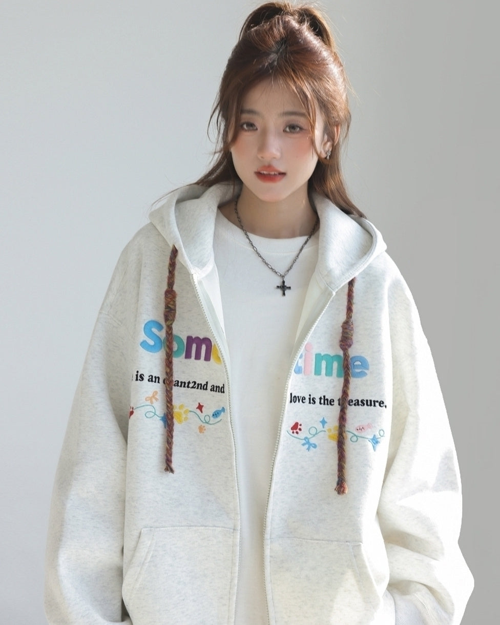 Colorful Letter Embroidered Casual Zip Up Hoodie