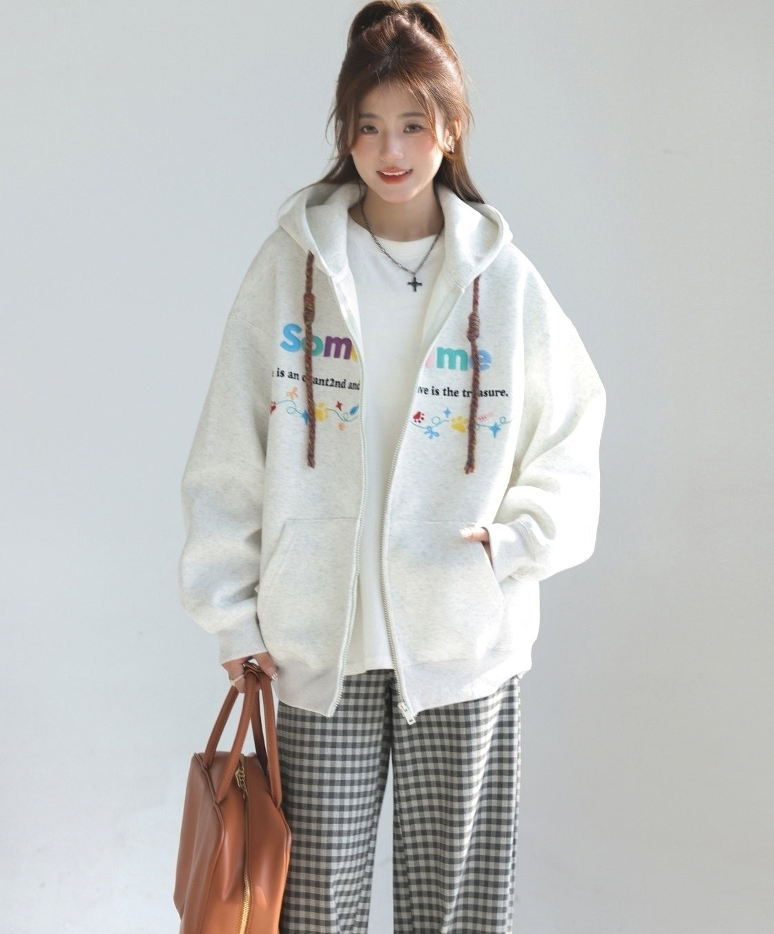 Colorful Letter Embroidered Casual Zip Up Hoodie