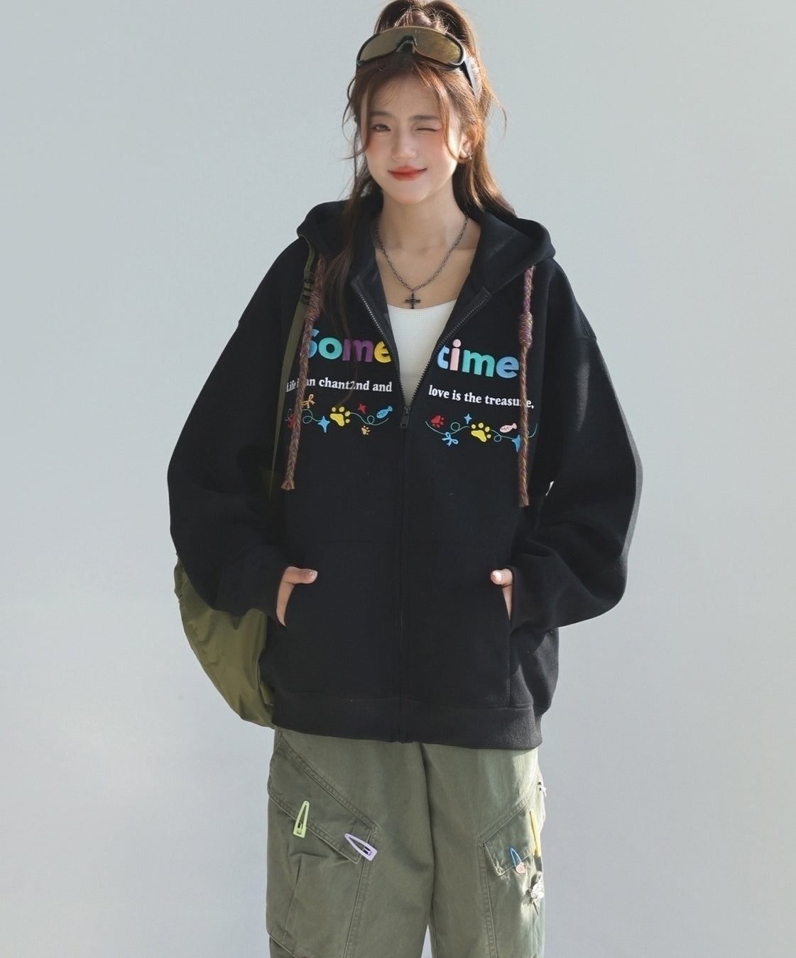 Colorful Letter Embroidered Casual Zip Up Hoodie
