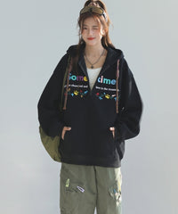 Colorful Letter Embroidered Casual Zip Up Hoodie