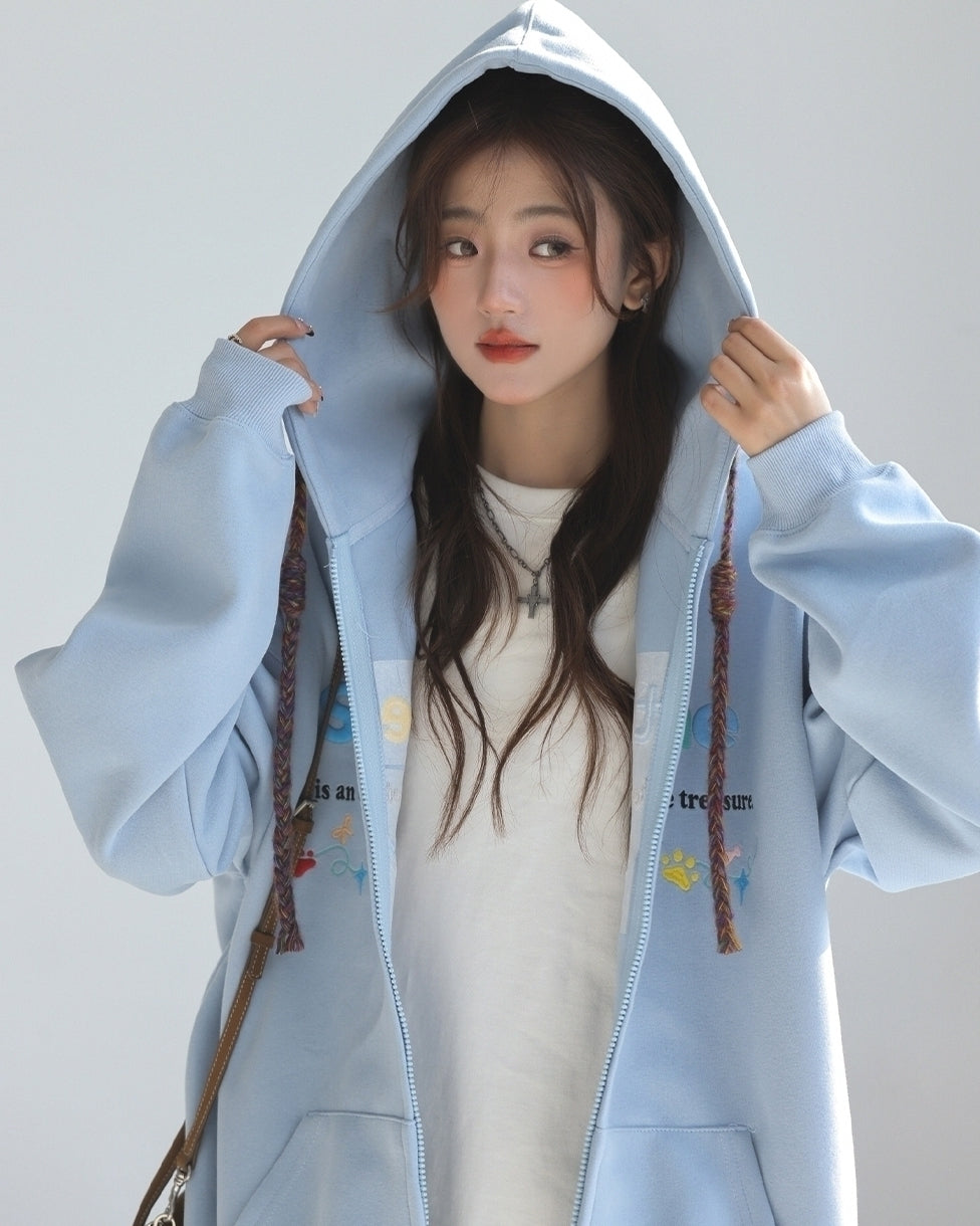 Colorful Letter Embroidered Casual Zip Up Hoodie