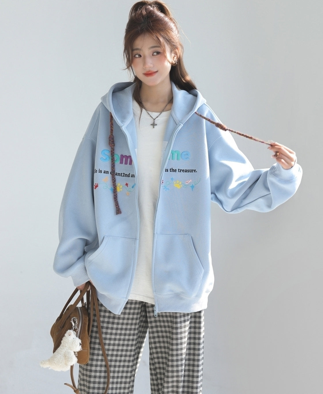 Colorful Letter Embroidered Casual Zip Up Hoodie