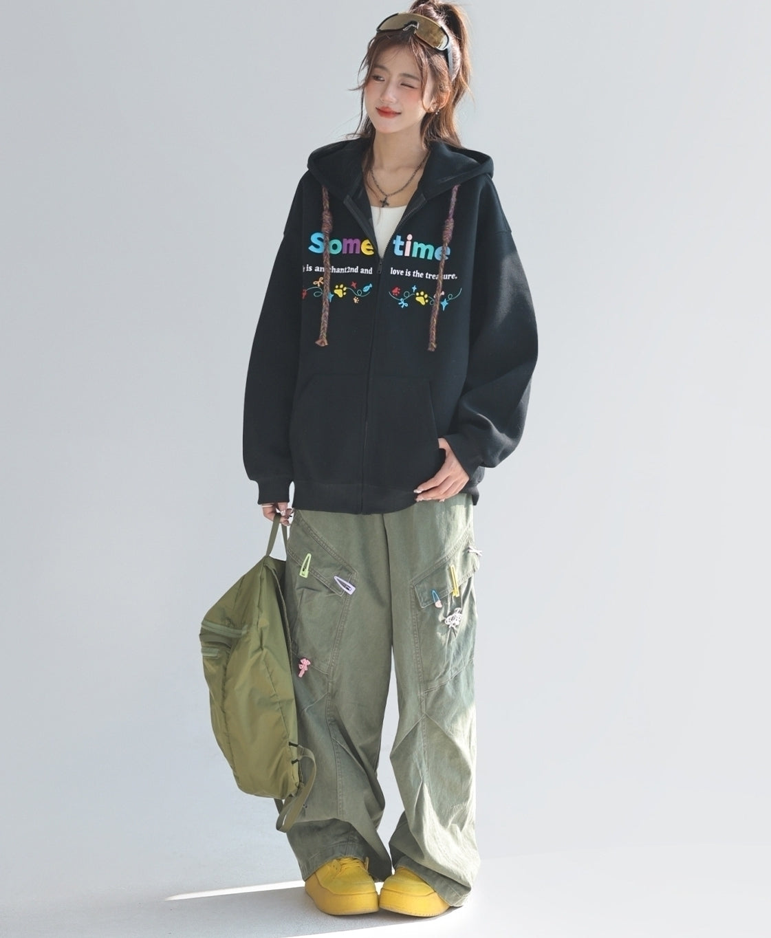 Colorful Letter Embroidered Casual Zip Up Hoodie