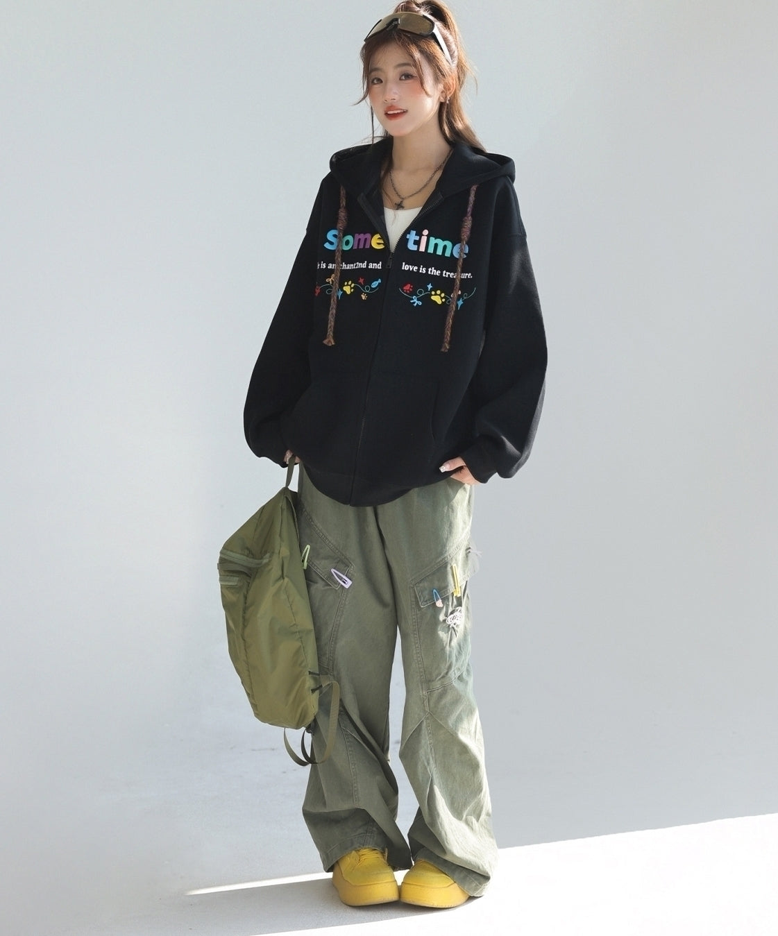 Colorful Letter Embroidered Casual Zip Up Hoodie