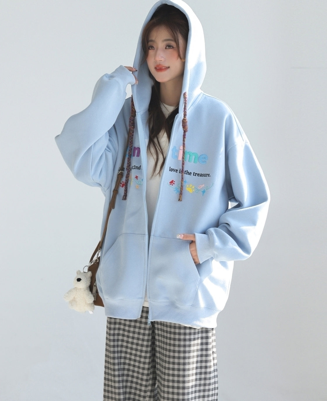 Colorful Letter Embroidered Casual Zip Up Hoodie