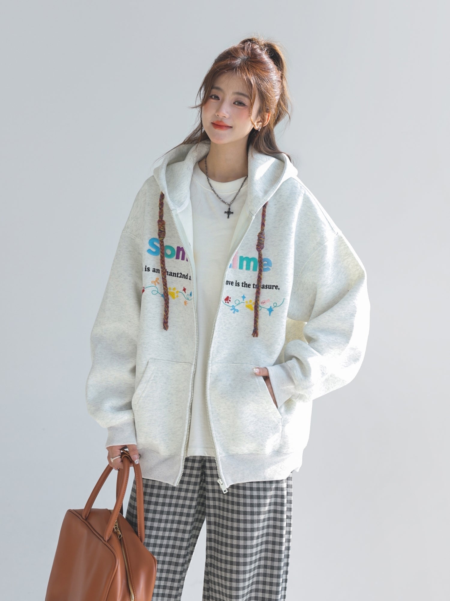 Colorful Letter Embroidered Casual Zip Up Hoodie