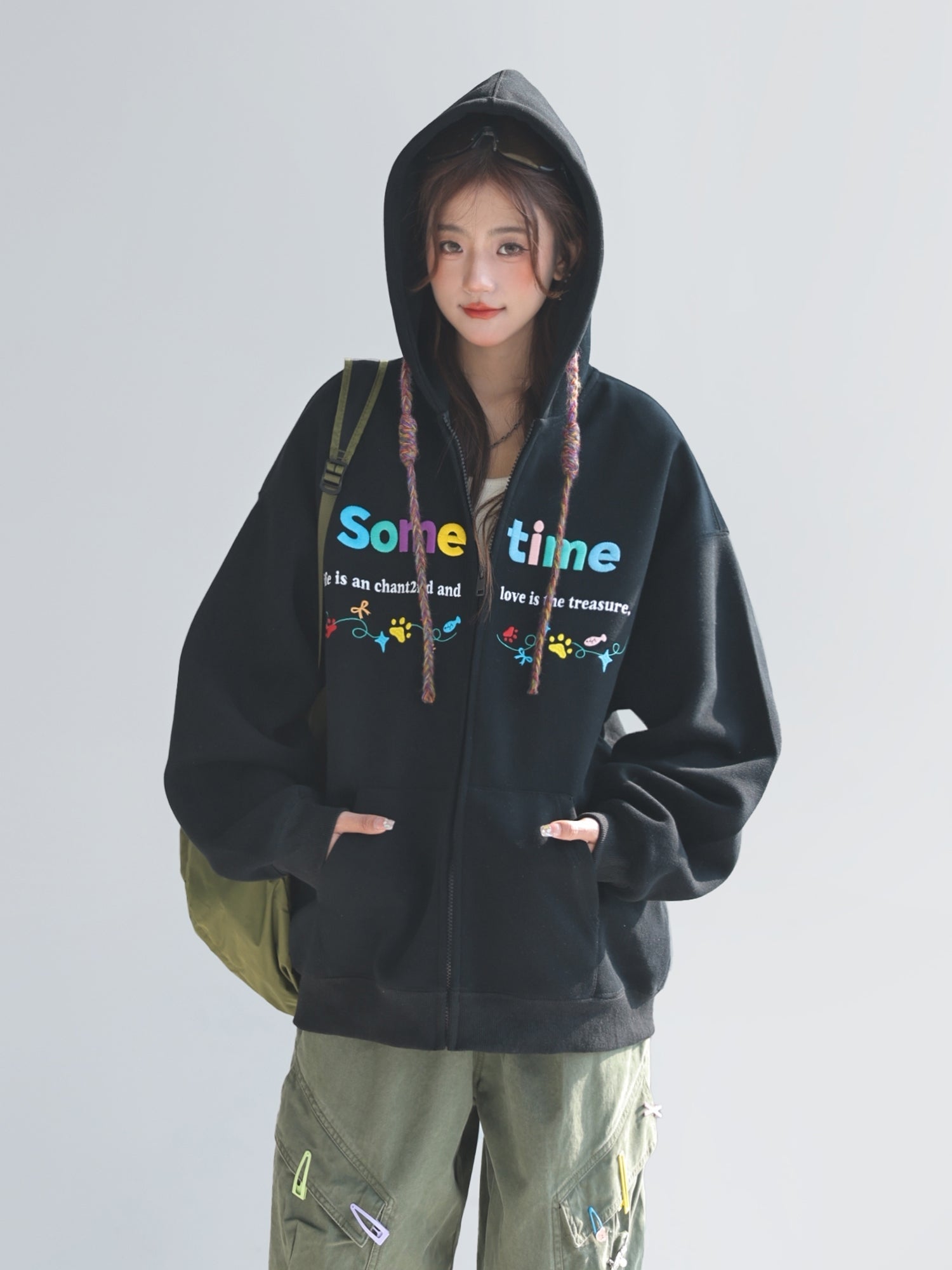 Colorful Letter Embroidered Casual Zip Up Hoodie
