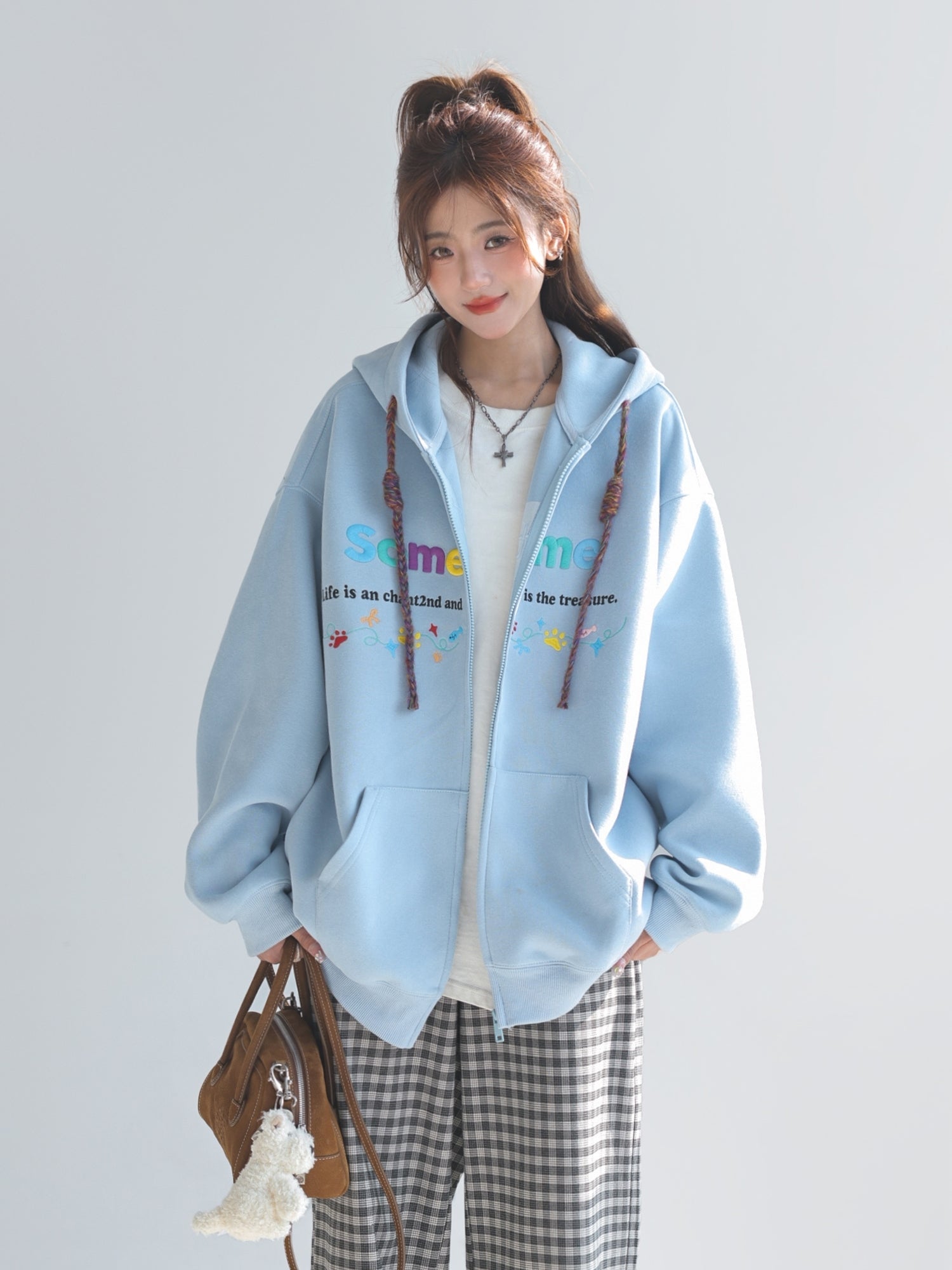 Colorful Letter Embroidered Casual Zip Up Hoodie