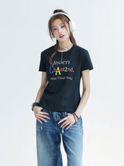 Colorful Letter Print Cool Touch Short Sleeve Top
