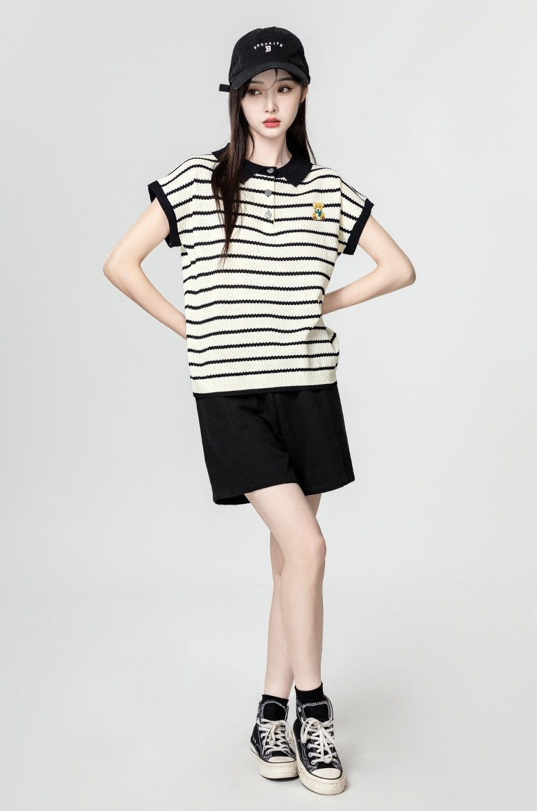 Colorful Striped Cartoon Embroidered Polo Shirt