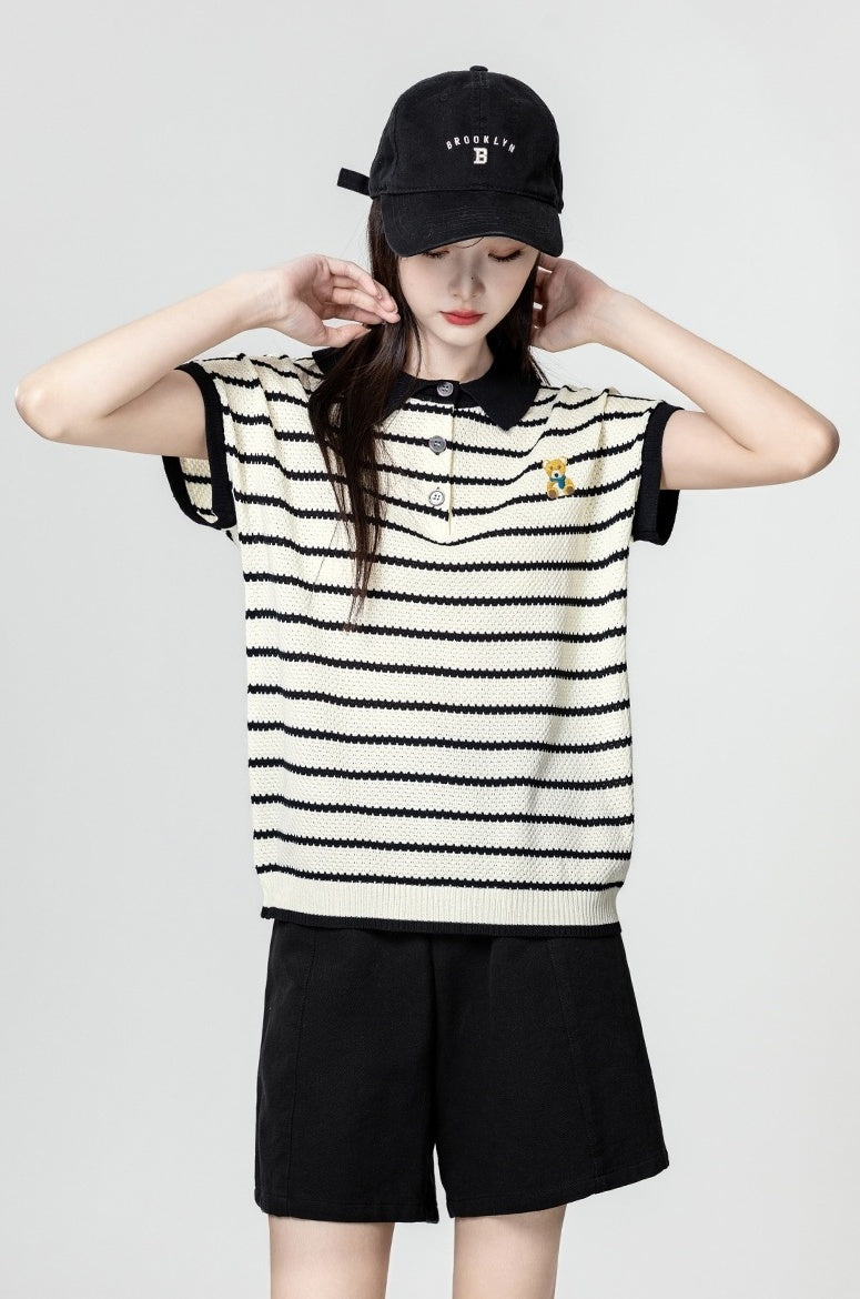 Colorful Striped Cartoon Embroidered Polo Shirt