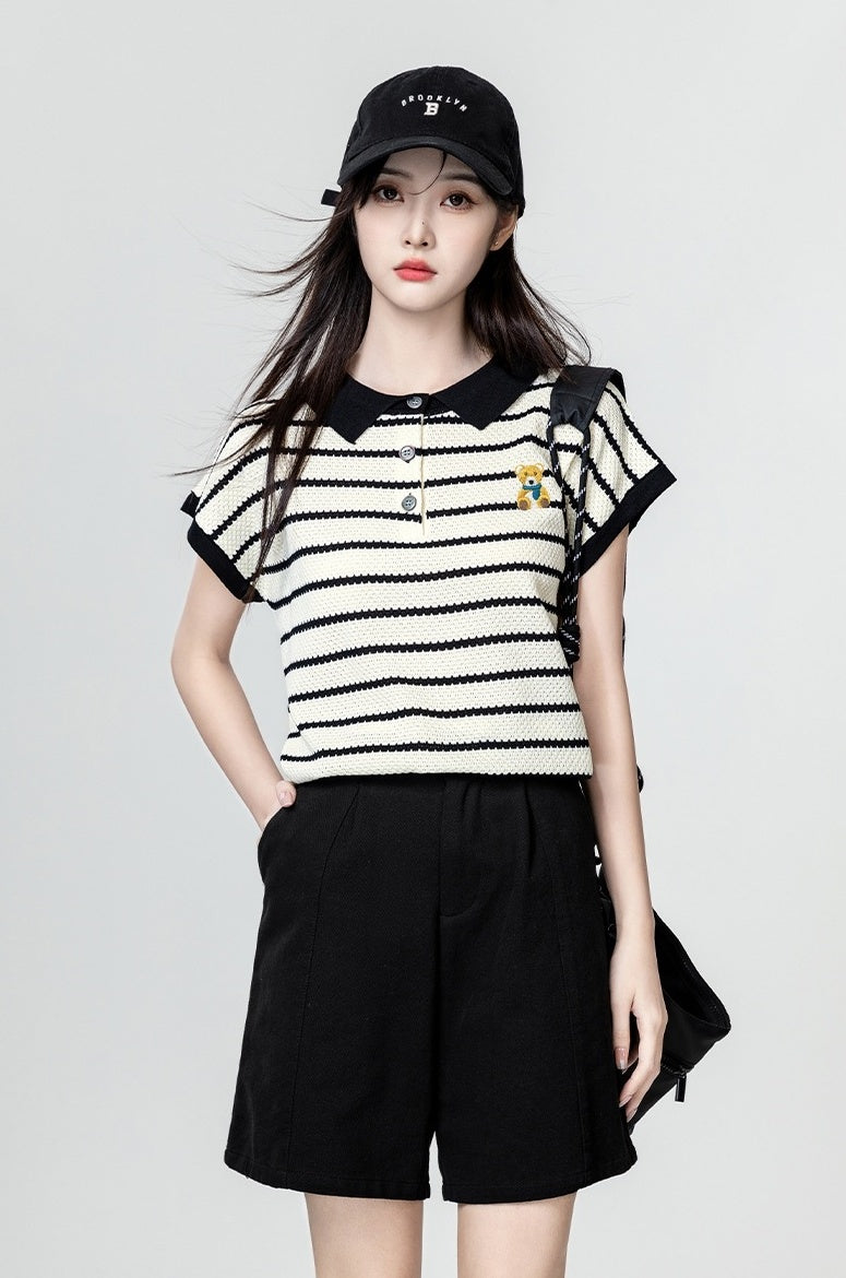 Colorful Striped Cartoon Embroidered Polo Shirt