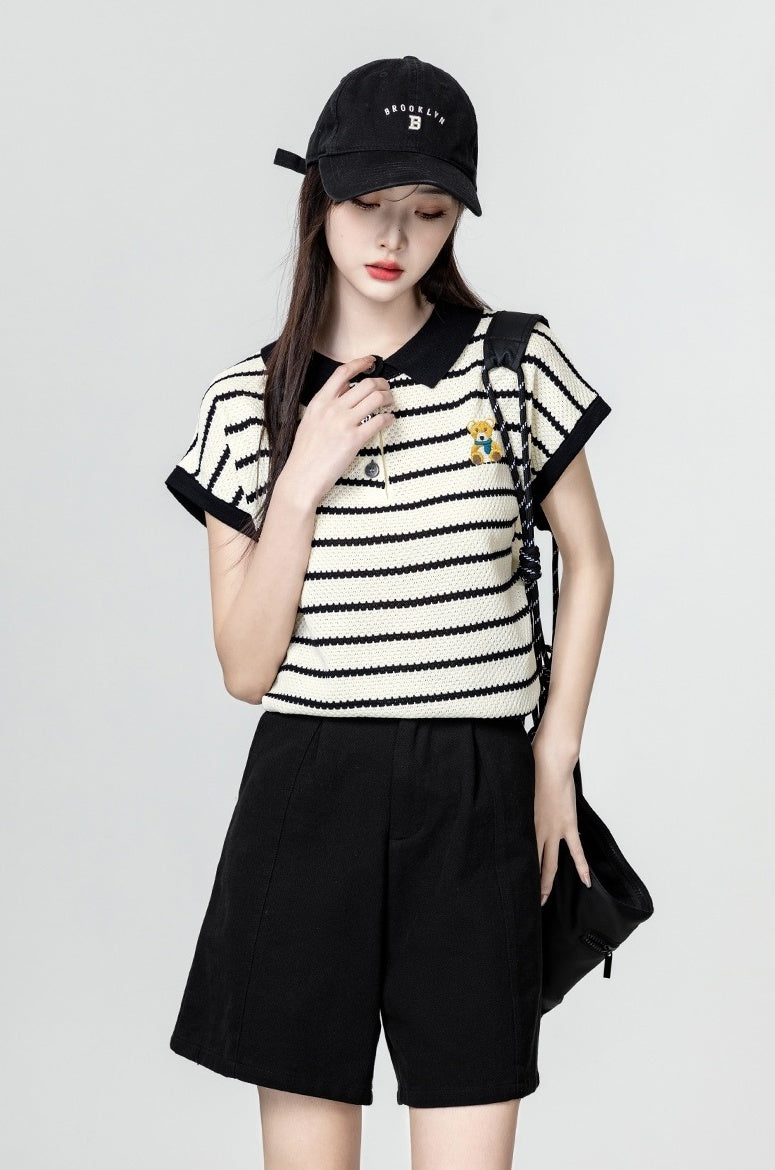 Colorful Striped Cartoon Embroidered Polo Shirt