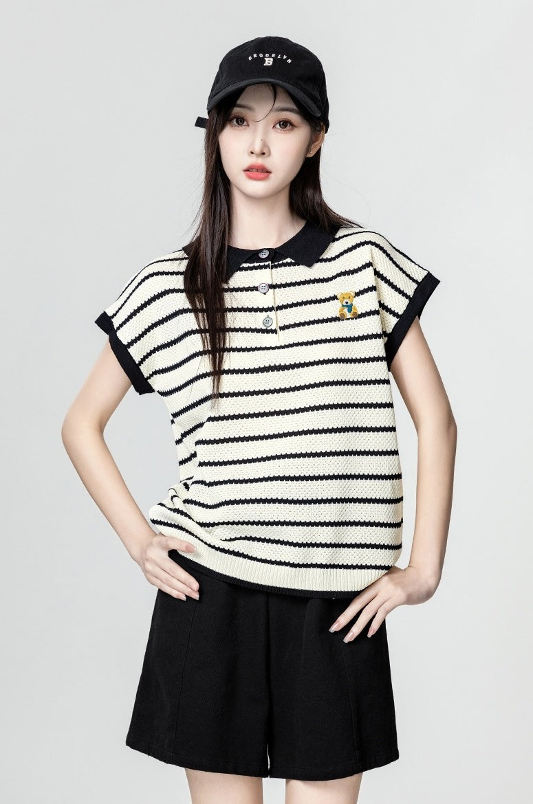 Colorful Striped Cartoon Embroidered Polo Shirt