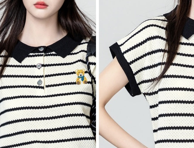 Colorful Striped Cartoon Embroidered Polo Shirt