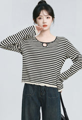 Contrast Stripe Crewneck Long Sleeve Lace Trim Top