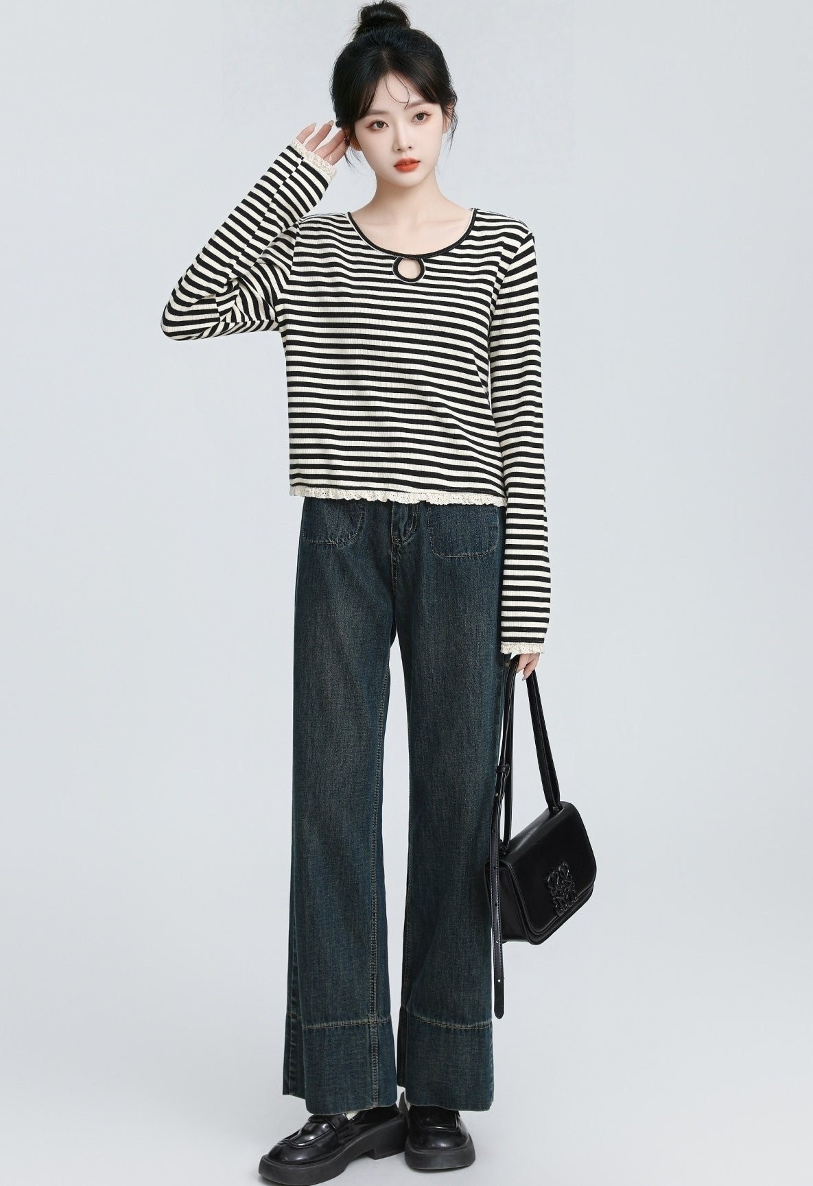 Contrast Stripe Crewneck Long Sleeve Lace Trim Top