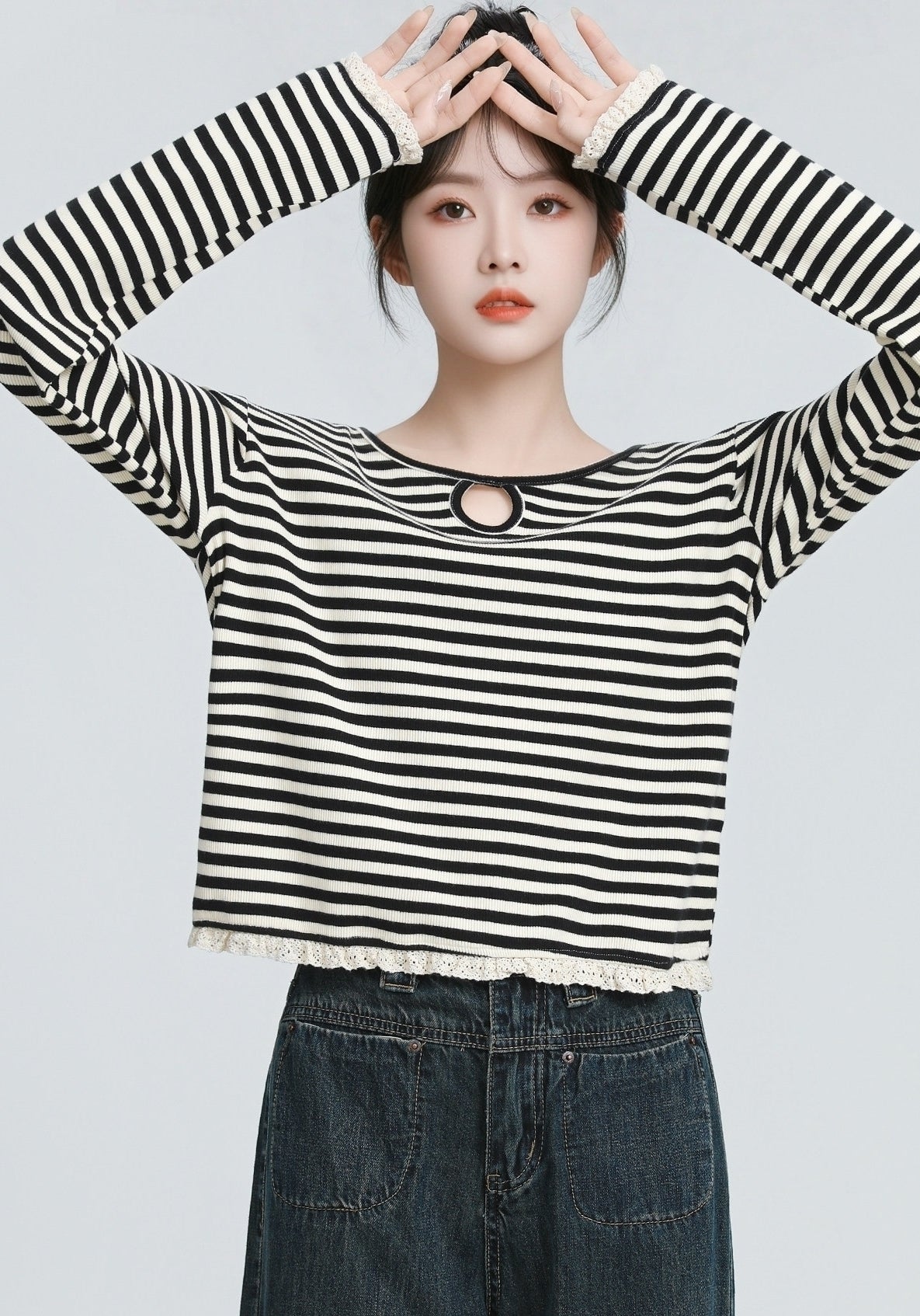 Contrast Stripe Crewneck Long Sleeve Lace Trim Top