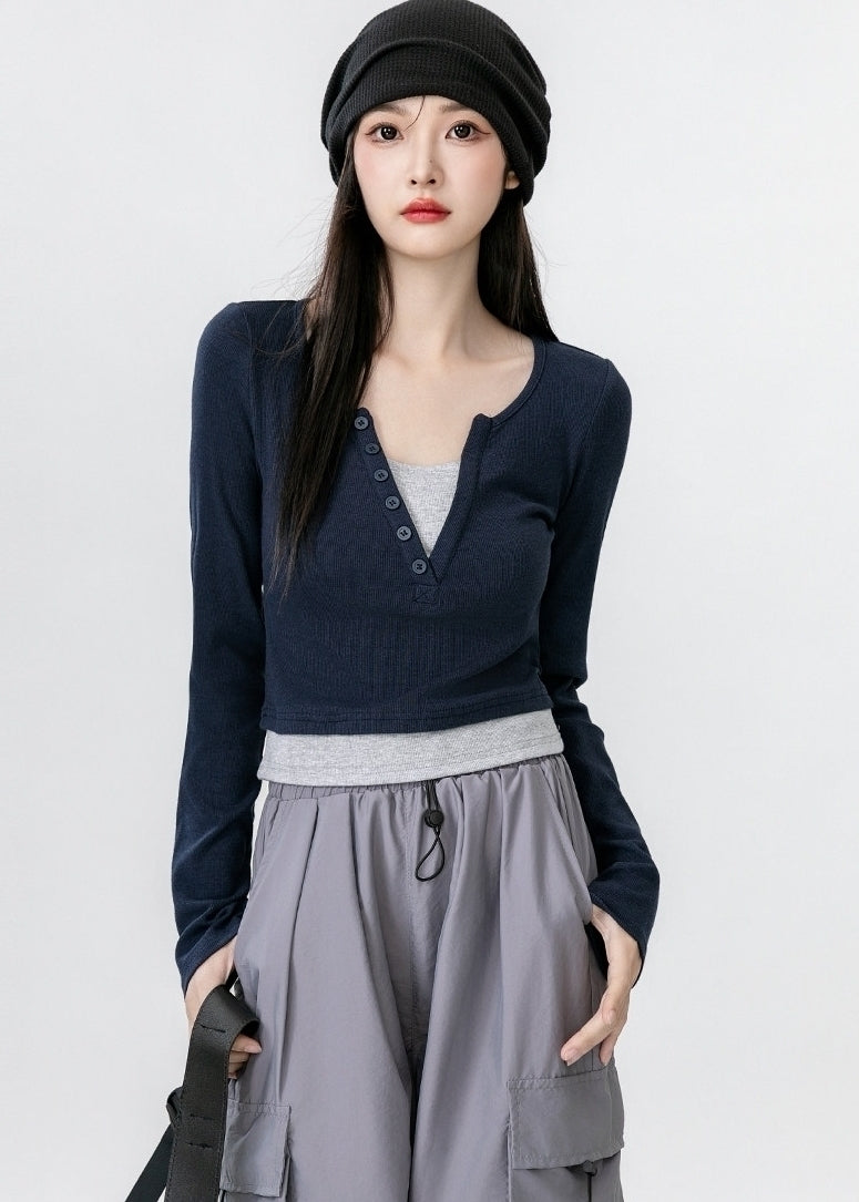 Contrast V Neck Layered Look Slim Fit Long Sleeve Top