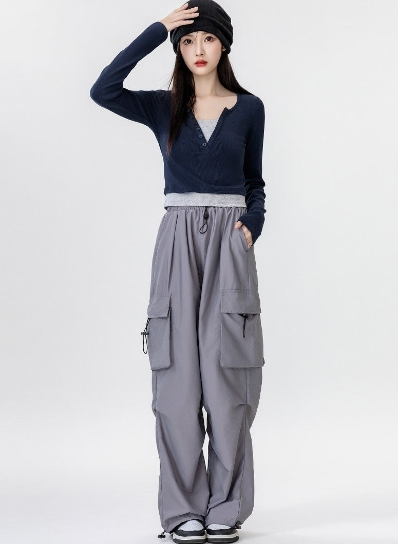 Contrast V Neck Layered Look Slim Fit Long Sleeve Top