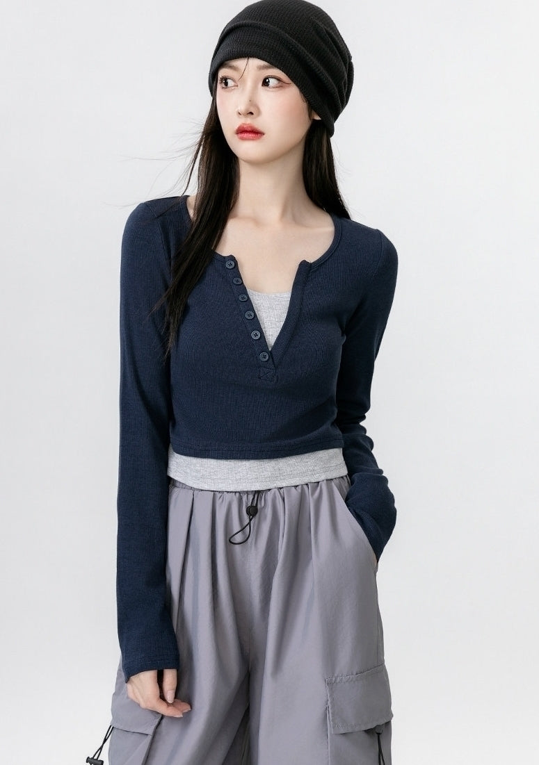 Contrast V Neck Layered Look Slim Fit Long Sleeve Top