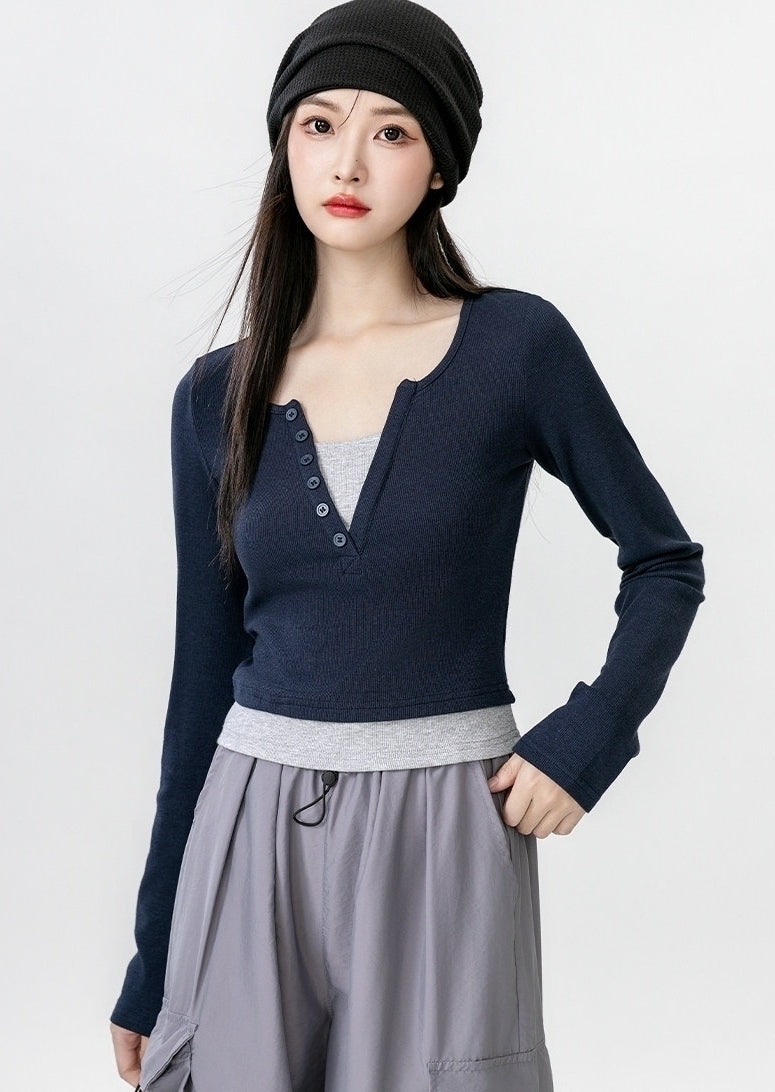 Contrast V Neck Layered Look Slim Fit Long Sleeve Top