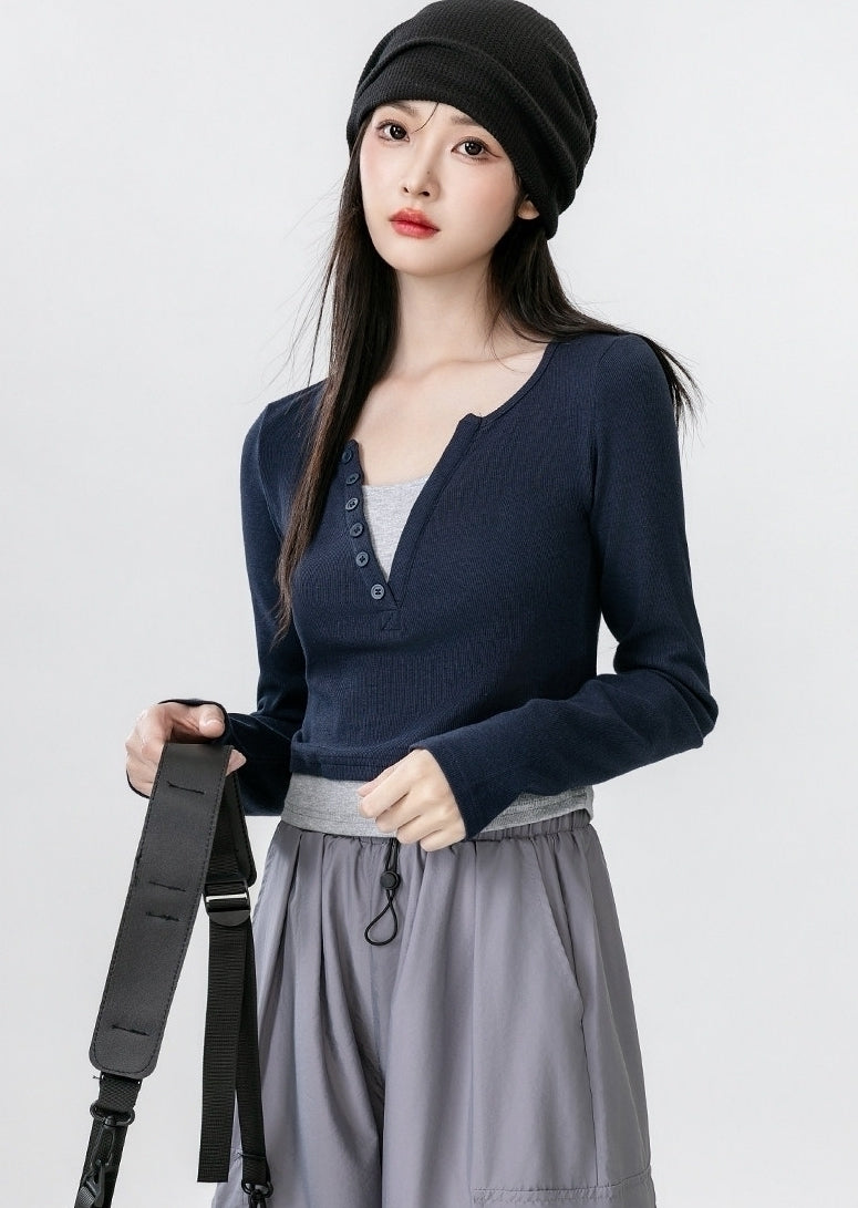 Contrast V Neck Layered Look Slim Fit Long Sleeve Top