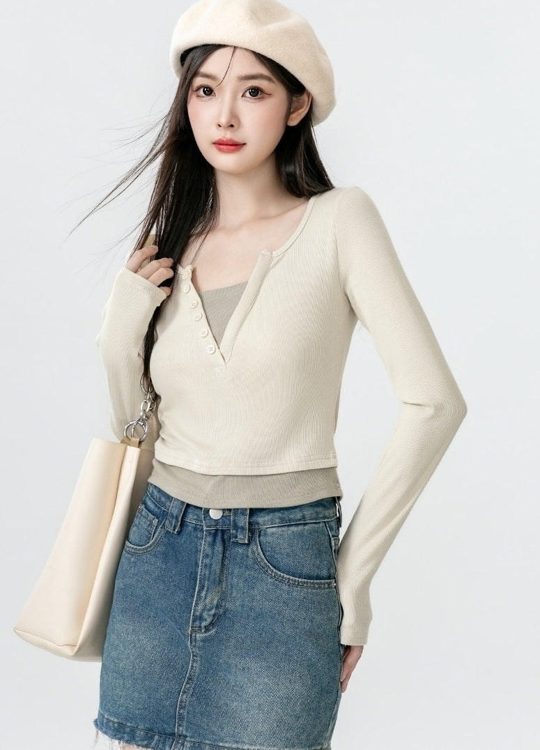 Contrast V Neck Layered Look Slim Fit Long Sleeve Top