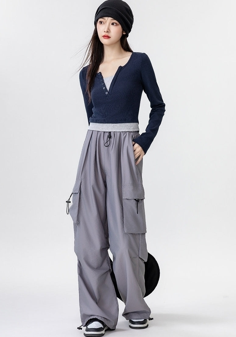 Contrast V Neck Layered Look Slim Fit Long Sleeve Top