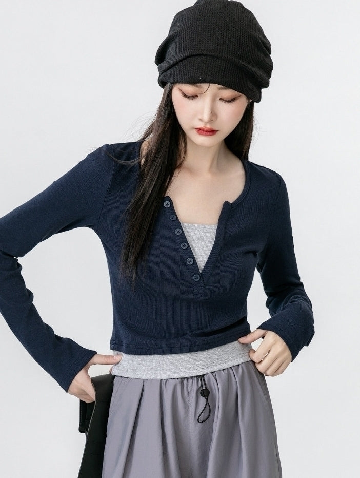 Contrast V Neck Layered Look Slim Fit Long Sleeve Top