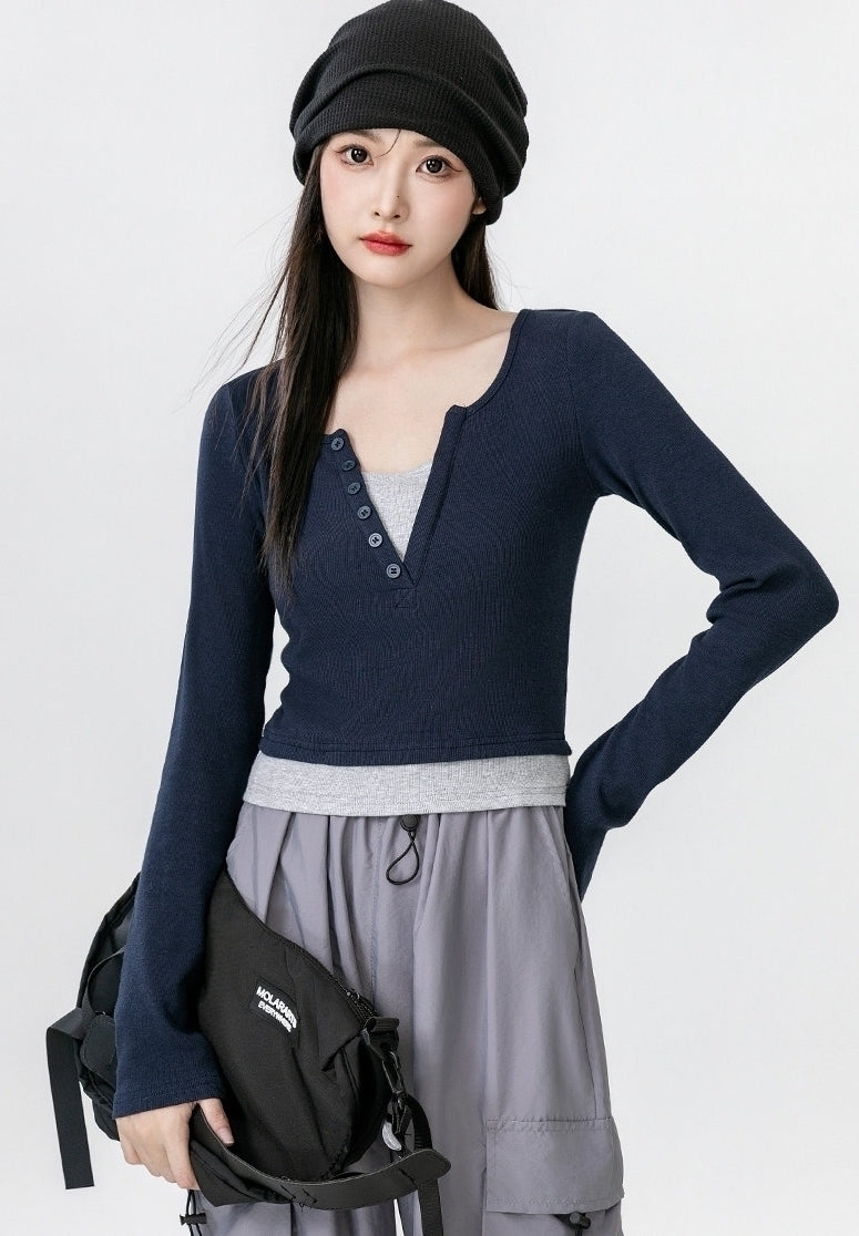Contrast V Neck Layered Look Slim Fit Long Sleeve Top