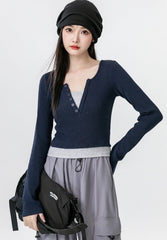 Contrast V Neck Layered Look Slim Fit Long Sleeve Top