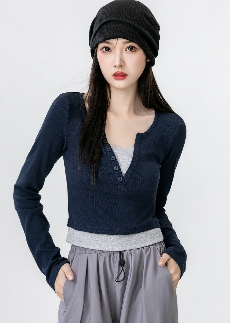 Contrast V Neck Layered Look Slim Fit Long Sleeve Top
