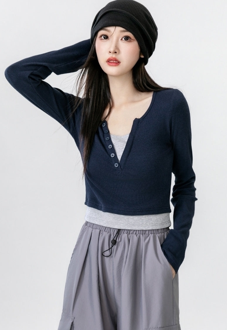 Contrast V Neck Layered Look Slim Fit Long Sleeve Top