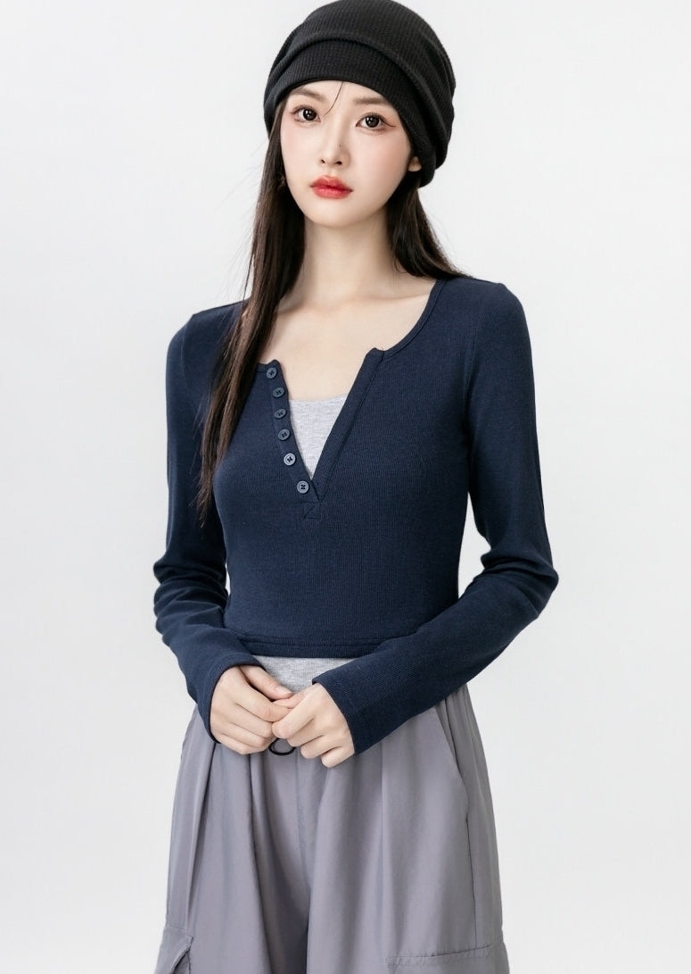 Contrast V Neck Layered Look Slim Fit Long Sleeve Top