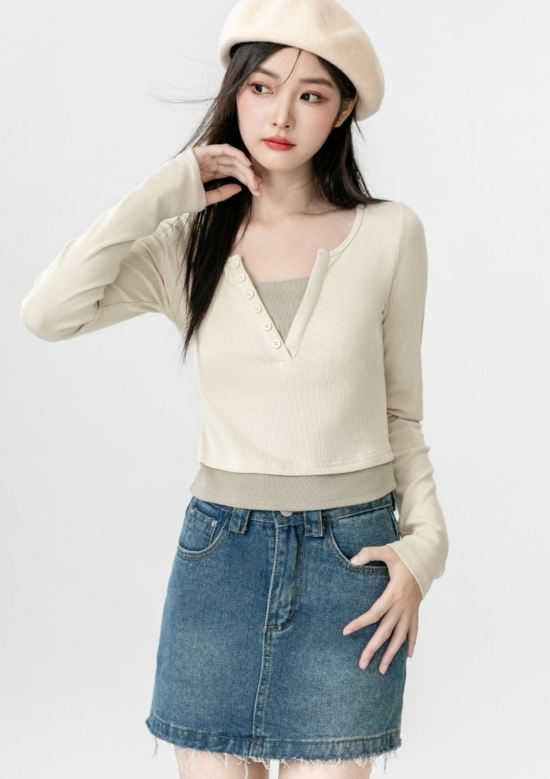 Contrast V Neck Layered Look Slim Fit Long Sleeve Top